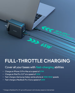 Aukey PA-B6T Omnia II 3-Port 65w PD & Super Fast Charging (PPS) Wall Charger with GaN Power Technology